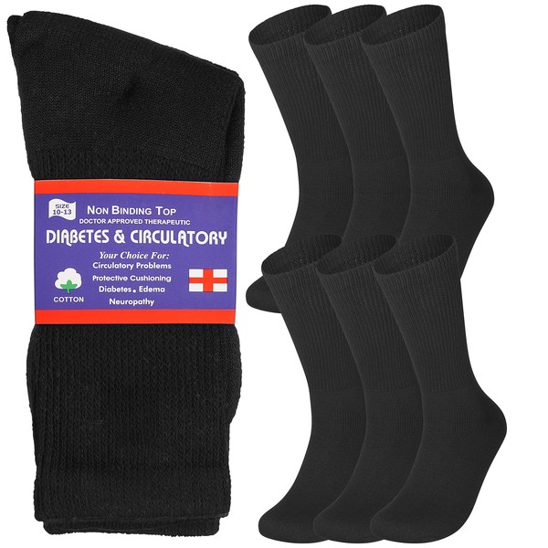 Special Essentials 6 Pairs Non-Binding Black Cotton Diabetic Crew Socks With Extra Wide Top For Men and Women Black 10-13