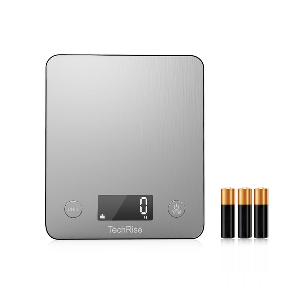 Digital Kitchen Scale, TechRise Food Scale, Satiness Steel Weighing Scale with LCD Display and Tare Function, Easy to Clean, Multifunctional Electric Baking Scale for cooking/baking, Silver