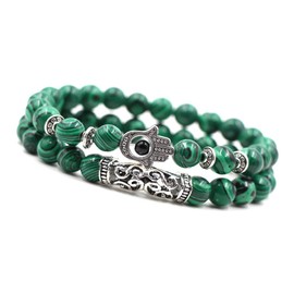 Unique Chakra Duo Bracelet Malachite Hand of Shiva 8 mm Beads Energy Bracelet Healing Stones Stretchy Jewellers Quality, Malachite, malachite