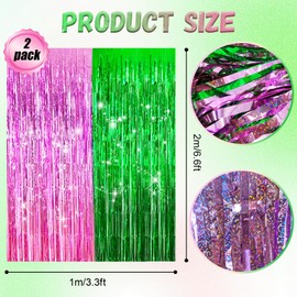 2 Pack Pink and Green Shiny Tinsel Foil Fringe Curtains Party Streamers Party Photo Backdrop for Princess Birthday Witch Theme Decorations