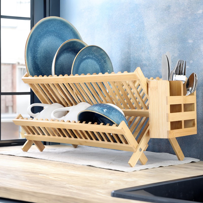 Elama 2-Tier Collapsible Kitchen Bamboo Drying Dish Rack, Collapsible Dish