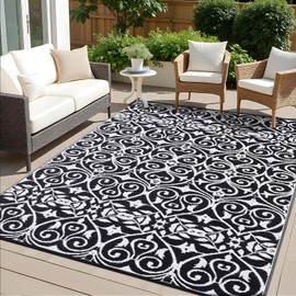 OLANLY Outdoor Rug Waterproof 6x9 ft Clearance, Reversible Outdoor Plastic Straw Rug with Floral Pattern, RV Mat for Patio, Camping, Balcony, Deck, Backyard, Black & White