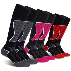 CelerSport 3 Pack Women's Ski Socks for Skiing, Snowboarding, Cold Weather, Warm Thermal Socks Winter Performance Socks, Black Dark Grey + Rose Red + Black Red, Small