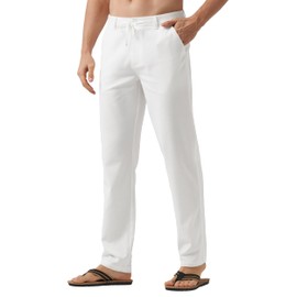 Willit Men's Linen Pants Casual Linen Dress Pants Drawstring Beach Summer Pants Lightweight Linen Trousers White 32W x 32L