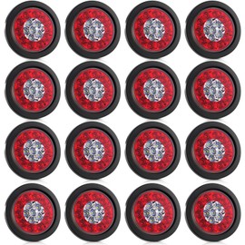 Riakrum 12 Pcs 4 Inch Round LED Trailer Tail Lights 16 Leds Waterproof Stop Turn Brake Backup Reverse Running Lights with Rubber Grommet Sealed Round Red White LED Lamps for Trailer Truck Rv 24v
