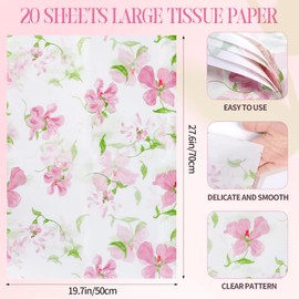 20 Sheets Pink Crabapple Flower Tissue Paper - Floral Gift Wrap Tissue for Wedding Decorations, Birthday Party, Bridal Shower & DIY Crafts, Decorative Wrapping Paper, 19.7" x 27.6"