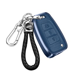 ontto 3 Button Alu Car Key fob Cover Keychain fit for Hyundai KONA 2023 Accent 2023 Elantra Solaris Tucson I30 2018 2020 2022 Santa Fe Leather Flip Key Shell Case Key Holder Keyring Accessories Blue