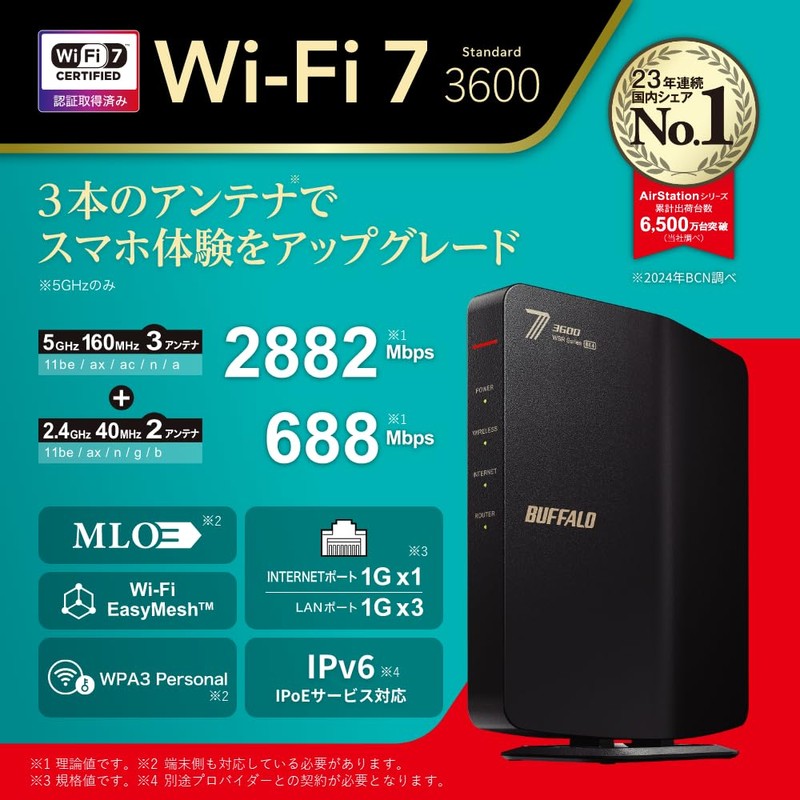 WSR3600BE4P/NBK Buffalo WiFi Router, Wireless LAN Wi-Fi 7, 11be, Dual