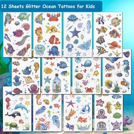 CHARLENT 120 Glitter Styles, Temporary Underwater Tattoos for Party Supplies for Kids - Sea Animal Tattoos for Boys and Girls, Ocean Birthday Party Gifts, Goodie Bag Fillers