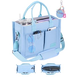 BECOJADDE Canvas Tote Bag Purse for Women with Zipper Closure, Individual Compartments, Detachable Strap & Bottom Support, Ideal for Work, School, Travel, Daily, College, Bible Blue Large