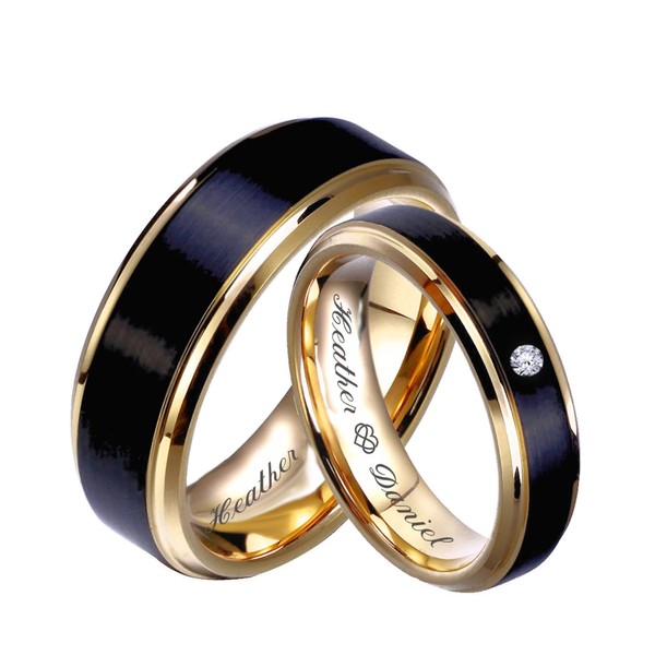 Personalized Beveled Black & Gold Ring Set Custom Engraved Free