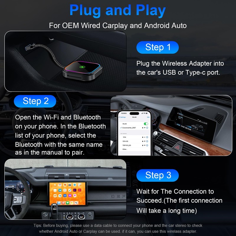 CYIAMJLU 2-in-1 Carplay Wireless Adapter with Fast, Convert Wired Android