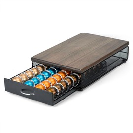 HiveNets Coffee Capsule Storage Drawer Pods Holder Metal and Wood Top Organizer (40 Pods)