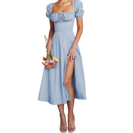 Linsery Women's Puff Sleeve Floral Maxi Dress Elegant Square Neck Cottagecore Boho Split Long Dresses Solid Blue Medium