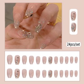 Clataly 24Pcs White Flower Long Coffin Nail Shining Rhinestones French Fake Nails Press on Nails Ballet False Nails for Women Girls (A)