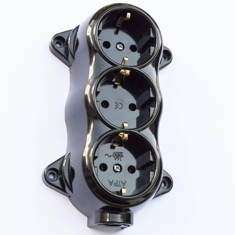Socket fix, retro, 3-way, 16A-250V, surface-mounted, brass, thick, black, retro