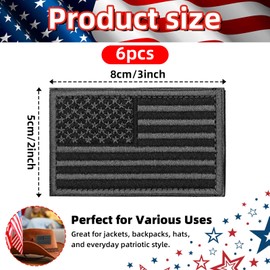 6 Pack Black American Flag Embroidered Patches, 3.1 x 1.9 Inch Iron-On US Flag Patches for Jackets, Backpacks, Hats, Military Style, Independence Day, National Holidays