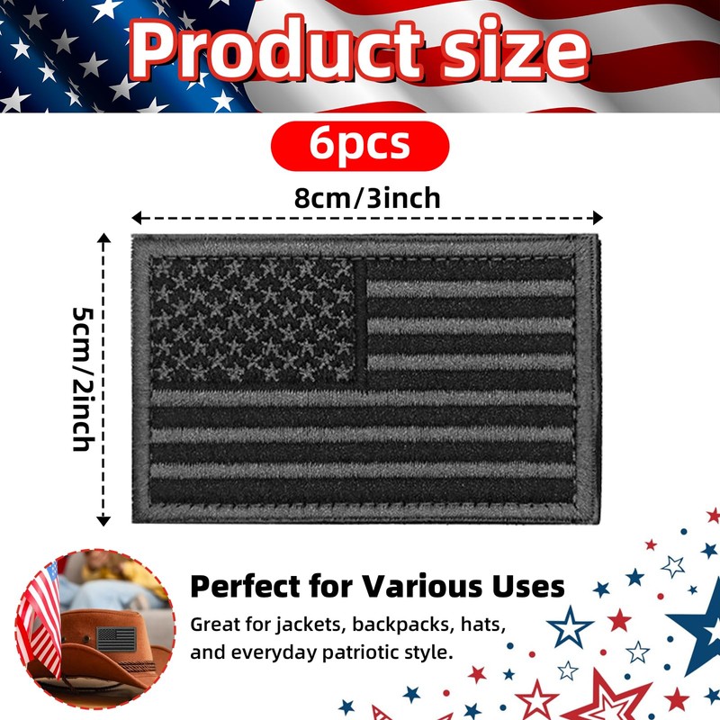 6 Pack Black American Flag Embroidered Patches, 3.1 x 1.9
