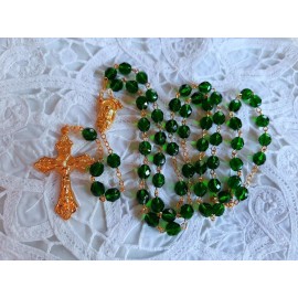 Transparent Hunter Green Czech Crystal Rosary with 18K Gold Plated Crucifix