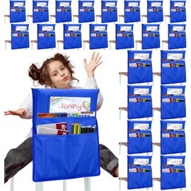EAONE Chair Pockets for Classrooms Set of 24, Large Capacity Seat Pockets Organizer 17” x 19”, Back of Chair Storage Bag with DIY Name Tags for Student School Classroom Supplies, Blue