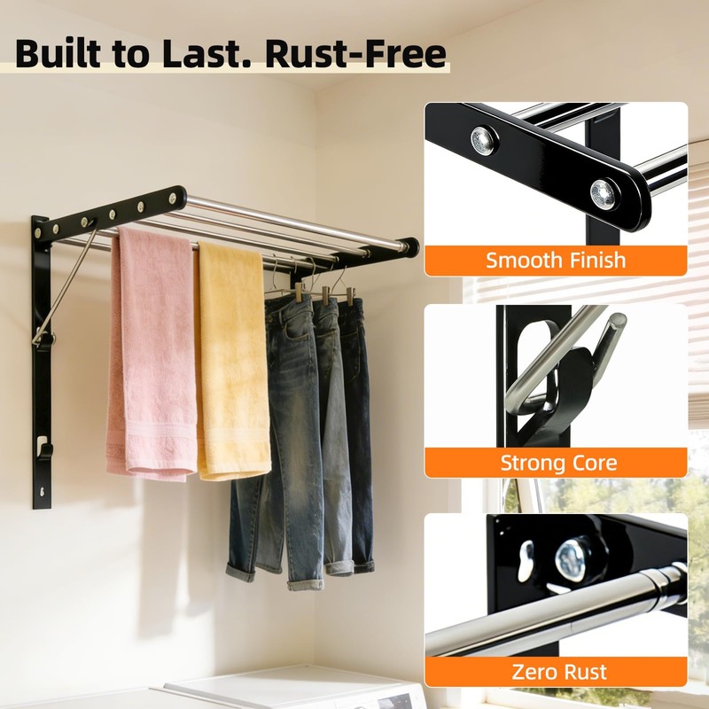 Gecauoea Wall Mounted Drying Rack, Pre-Install Adjustable Width 13-23 Inch,