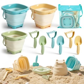 Dreamon Beach Toys, 3 Pack Collapsible Sand Buckets for Kids, Shovels & Rakes Set with Mesh Bag, Kids Beach Essentials Sandcastle Building Kit for Beach Trip Outdoor Play and Summer Fun