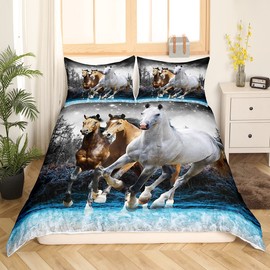 Feelyou Horse Duvet Cover Galloping Horse Bedding Set for Kids Boys Girls Wildlife Comforter Cover Farm Animal Bedspread Cover 1 Duvet Cover with 2 Pillowcases Queen Size (No Comforter)