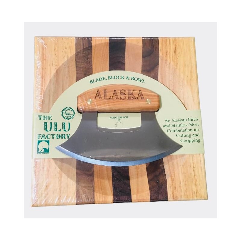 Alaskan Birch Wood Ulu Mezzaluna Knife and Bowl Set "