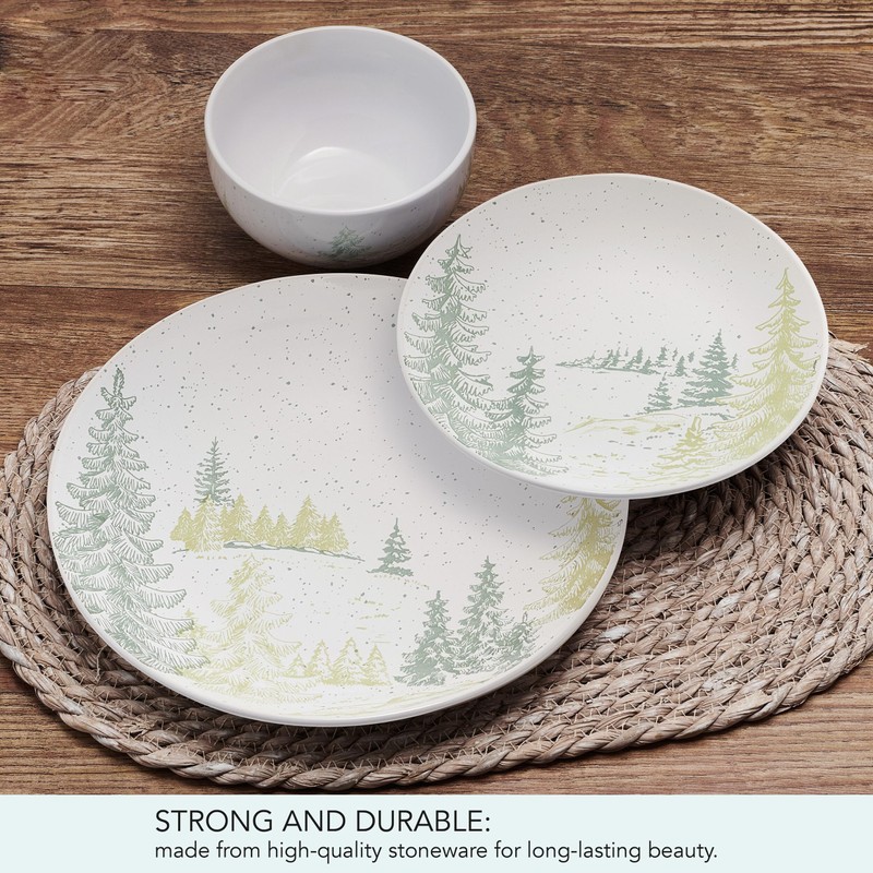 Pfaltzgraff Tranquil Trails Forest 12 Piece Dinnerware Plate Bowl Set,