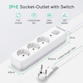 Aigostar 3-Way Power Strip with Switch, Multiple Socket with Child Lock, Distribution Socket with 3 m Cable