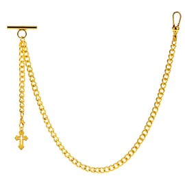 ZTA Men's Albert Chain Pocket Watch Chain Vest Chain for Men FOB T Bar with Cross Design Pendant FOB Charm, gold, Antique