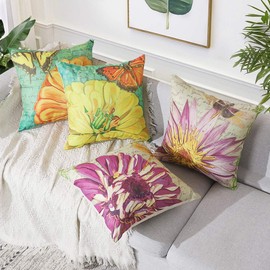 Artscope Set of 4 Decorative Throw Pillow Covers 18x18 Inches, Vintage Chrysanthemums Pattern Waterproof Cushion Covers, Perfect to Outdoor Patio Garden Living Room Sofa Farmhouse Decor