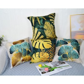 Ruedong Cushion Covers 45 x 45 cm Turquoise Gold Encrypted Linen Pillow cases 4 Pack Throw Pillow Cover 18x18 Inches for Home Decor Garden Courtyard
