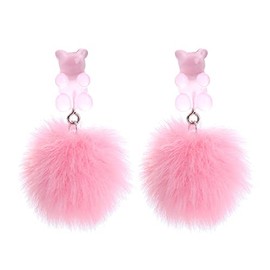 Gummy Bear Earrings Pom Pom Bear Drop Earrings Colorful Cartoon Pom Ball Gummy Bears Dangle Earring for Women-pink