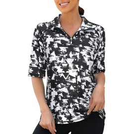 Viracy Women Golf Shirts, Ladies Golfing T-Shirts Dry Fit Elbow Sleeve 1/4 Zip Up Workout Tops Fast Dry Lightweight Moisture Wicking Tennis Apparel,Large Black White