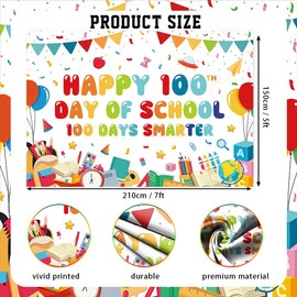 AIBIIN 7x5ft Happy 100th Day of School Backdrop White 100 Days Smarter Photography Background Kindergarten Preschool Primary School Classroom 100th Day Party Decorations Banner Photo Props