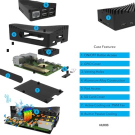Vilros Raspberry Pi 5 Compatible Wave Aluminum Alloy Active + Passive Cooling Case (Black)
