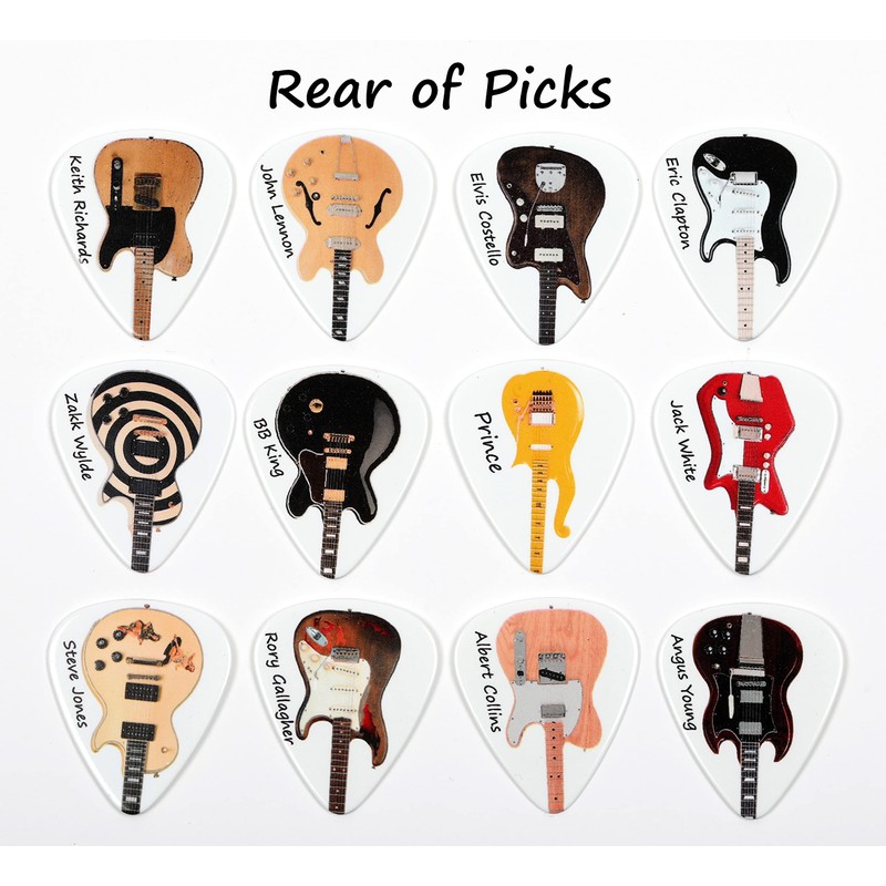 Tin of 12 Guitar Plectrums Featuring 24 Famous Guitars -