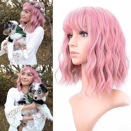 Pastel Wavy Wig With Air Bangs Women's Short Bob Purple Pink Wigs Curly Wavy Shoulder Length Pastel Bob Wigs Synthetic Wig for White Women Girls Daily Use Colorful Wigs(12", Purple Pink) Pastel Wavy Short Bob Synthetic Wig - Color: pink