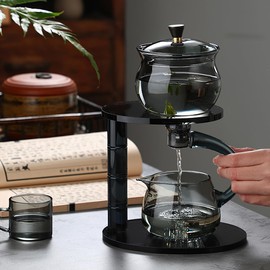 Lazy Kungfu Drip TeaPot, Heat Resistant Tea Set, Semi-Automatic Glass Teapot Suit for Magnetic Water Flow Wooden Glass Teapot Set (Bamboo Glass handle)