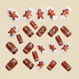 Christmas Press On Nails Square Short Fake Nails Brown Acrylic Nail Press Ons Christmas False Nails With Gingerbread Man Designs Winter Glue On Nails Holiday Stick On Nail For Women
