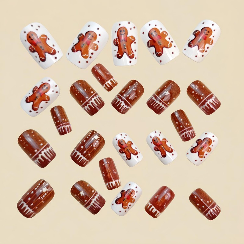 Christmas Press On Nails Square Short Fake Nails Brown Acrylic