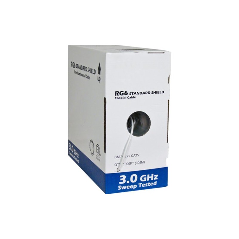 RG6 Standard Shield Bulk Coaxial Cable, White, 1000ft, 75 Ohm,