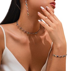 KYHNG 3Pcs Rhinestone Necklace Earrings Bracelet Set,Crystal Heart Necklace and Earrings Set,Crystal Bead Clavicle Chain Necklace,Festival Rave Crystal Body Jewelry for Women (Silver)