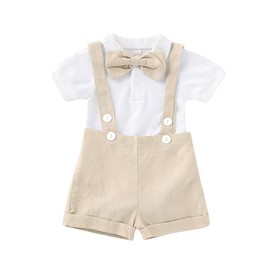 Gentleman Outfits Set for Baby Boys Short Sleeve Romper with Tie and Overalls Bib Pants Clothing Set (Beige, 12-18 Months)