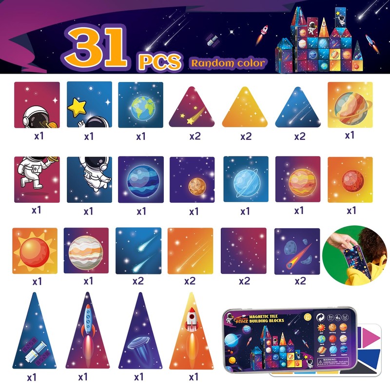 kocojrff Mini Magnetic Tiles Travel Set, 31Pcs STEM Travel Magnatiles
