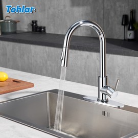 Tohlar Chrome Kitchen Faucets with Pull Down Sprayer, Single Handle Kitchen Sink Faucet Modern Staninless Steel Kitchen Faucet with Deck Plate