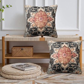 Chicamy Set of 2 Bohemian Cushion Covers, 45 x 45 cm, Double-Sided Indian Boho Abstract Linen Orange Cushion Cover, Square Decorative Cushion Covers, Outdoor Cushion Covers for Sofa, Bedroom