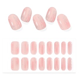 SILPECWEE Semi Cured Gel Nail Strips (Glitter Pink Ombre - 16PCS), Gel Nail Stickers Full Nail Wraps Need UV Light, Salon Quality & Easy To Use - with Prep Pads, Nail File, Wood Stick