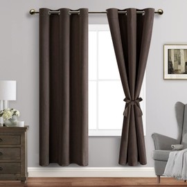 JIUZHEN Brown Blackout Curtains with Tiebacks - Thermal Insulated, Light Blocking and Noise Reducing Grommet Curtains for Bedroom and Living Room, Set of 2 Window Curtain Panels, 42 x 72 Inch Length